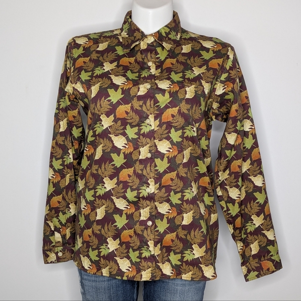 Vintage Le Moda Brown Green Orange Leaves Cotton Button Up XL